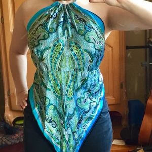 NWOT Gorgeous Silk Aqua Backless Shirt
