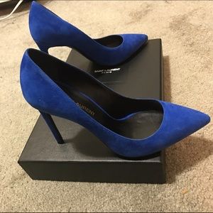 New Saint Laurent Paris Heels Pump Blue Suede AUTH