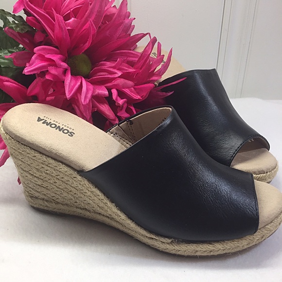 (Size 9.5, 10) Black Espadrille Slip-On Wedge Heel - Picture 1 of 4