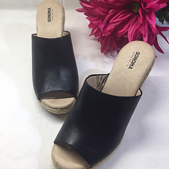 (Size 9.5, 10) Black Espadrille Slip-On Wedge Heel - Picture 2 of 4