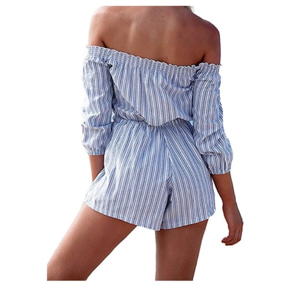 Blue & White, Sexy Off-the-Shoulder Romper - Picture 2 of 4