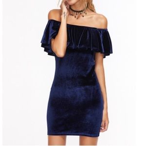 Navy blue ruffle off the shoulder velvet dress