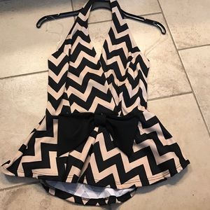 Tan and black chevron halter peplum top with bow