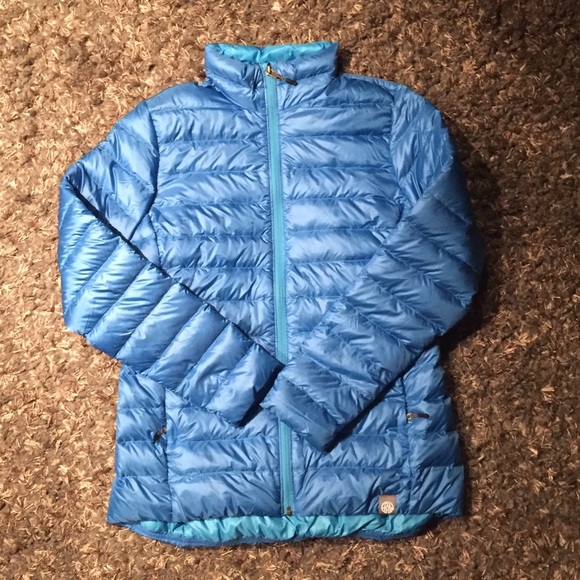 REI co-op bright blue down jacket