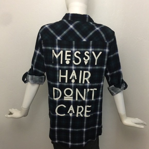 Polly & Esther Tops - Messy Hair Don't Car Plaid Button Up Boyfriend top