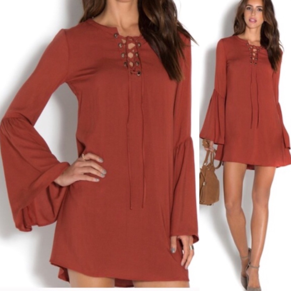 ❌SOLD❌Cinnamon Bell Sleeve Swing Dress - Picture 1 of 8