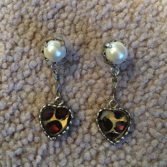Betsey Johnson Pearl and Leopard Heart Earrings