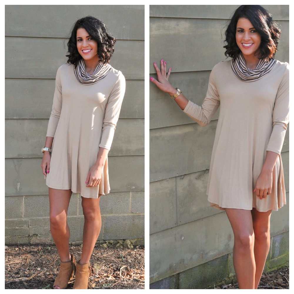 Taupe Tunic w Taupe Olive Green Striped Cowl Neck