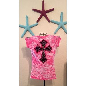 Pink/leopard print cross burn-out t-shirt