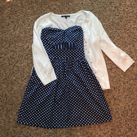 Blue and white polka dotted strapless dress