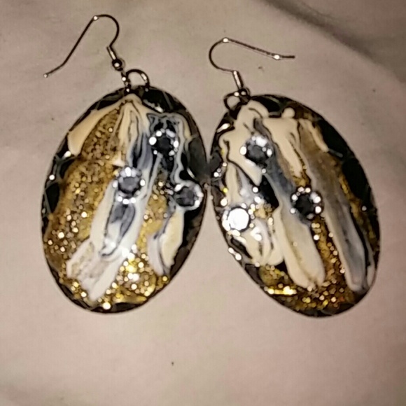 SALE! Vintage oval abstract painted silver glitter 3 rhinestones earrings