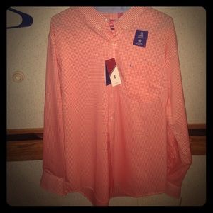 •• white and orange plaid button up shirt ••