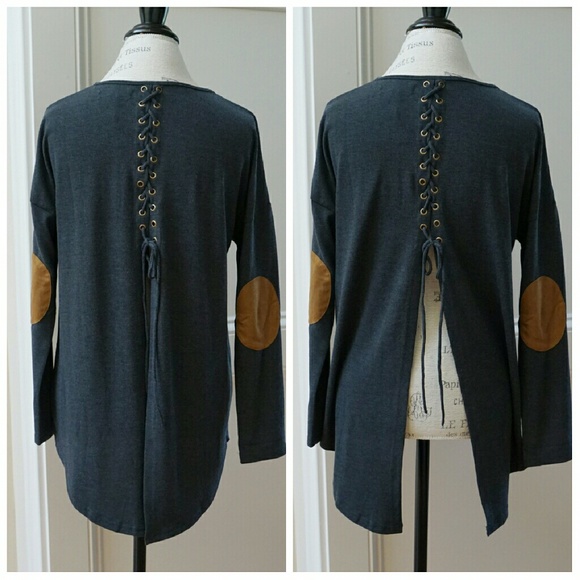 Lace up back knit  top gray suede elbow patches - Picture 2 of 4