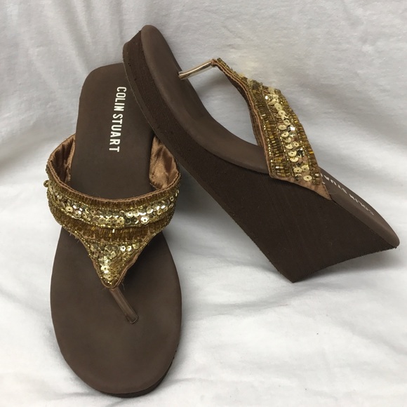 Brown Gold Sequined Platform Sandals