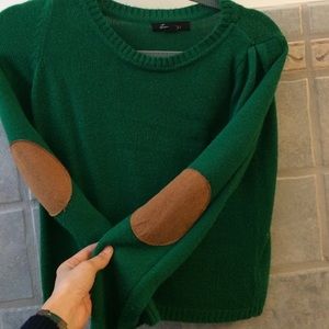 Green Sweater with Brown Elbow Patches