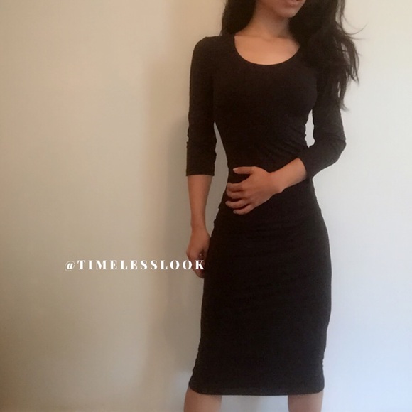 Basic black 3/4th sleeve bodycon midi dress - Picture 3 of 4