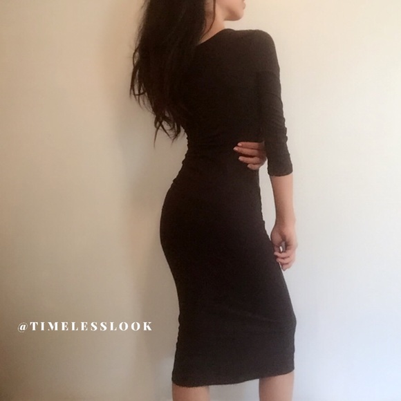 Basic black 3/4th sleeve bodycon midi dress - Picture 4 of 4
