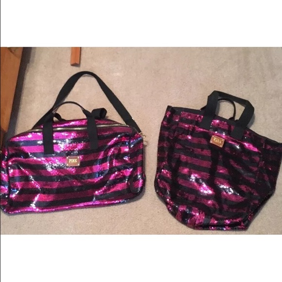 Vs pink sequin black striped duffle only ON HOLD