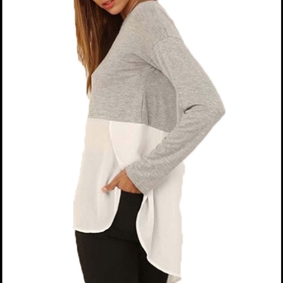 1 day sale! grey & white split hem chiffon top - Picture 3 of 4