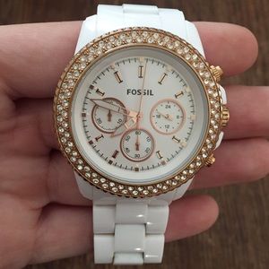 White and Gold Fossil Watch with Rhinestones