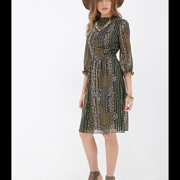 Print floral high neck midi dress