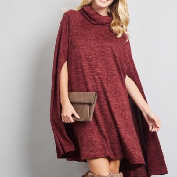 Red wine sweater dress cape sweater poncho dress - Picture 2 of 11