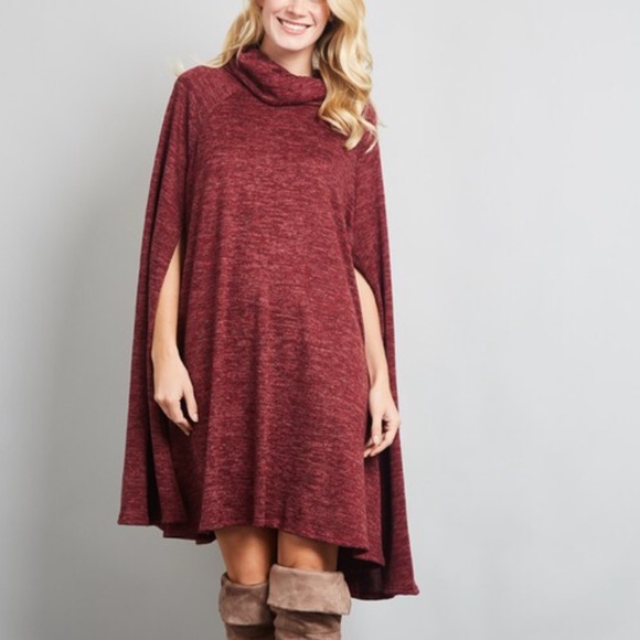 Red wine sweater dress cape sweater poncho dress - Picture 3 of 11
