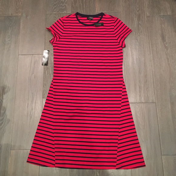Red and navy blue striped A-line dress