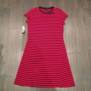 Red and navy blue striped A-line dress