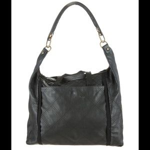 LANVIN Black Leather Quilted Shoulder Tote Bag