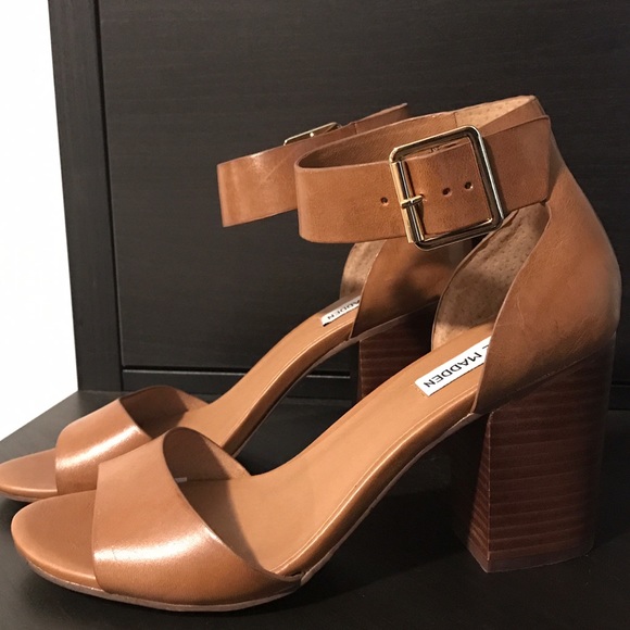 Cognac Leather Ankle Strap Heels