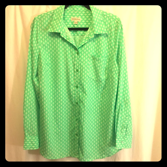 Bright green patterned button up - Picture 1 of 4