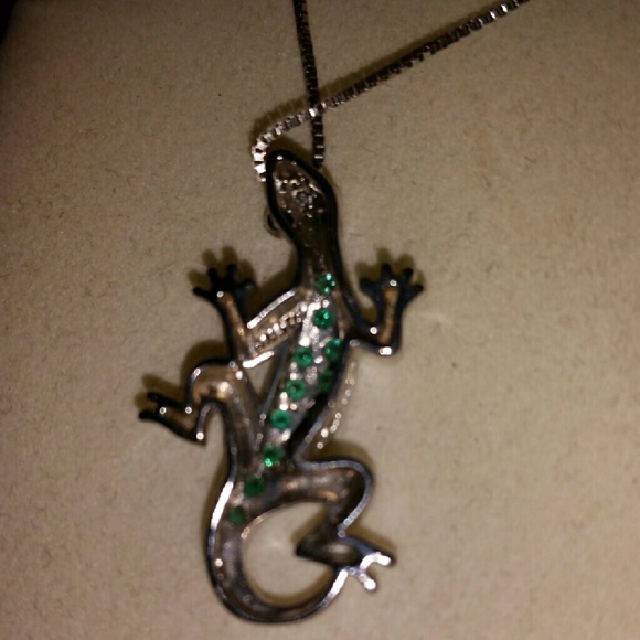 Emerald + Diamond Silver Gecko Necklace