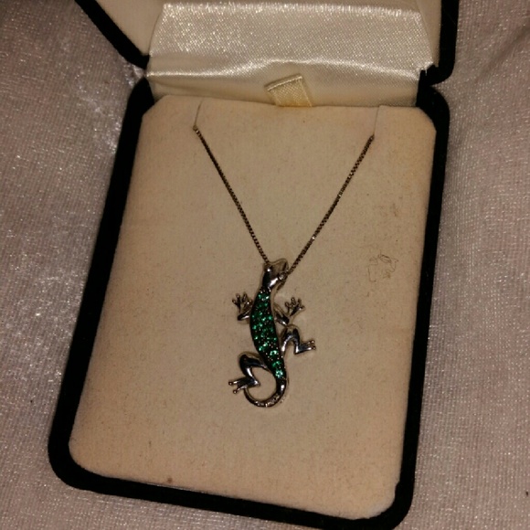 Emerald + Diamond Silver Gecko Necklace