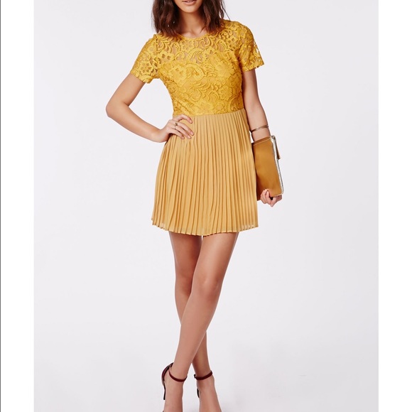 Missguided Yellow Pleated Skirt Lace Dress NWT