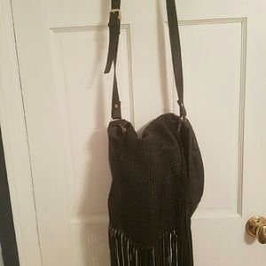 Zara hippie fringe black leather bag