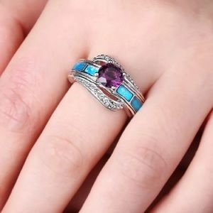 Blue fire opal and amethyst ring size 6