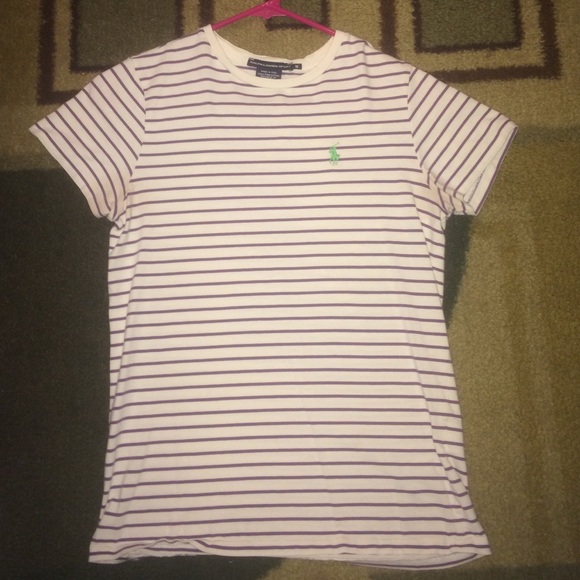 White Polo T-Shirt with purple stripes. - Picture 1 of 2