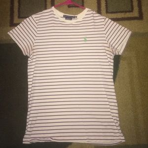 White Polo T-Shirt with purple stripes.