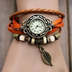 Leather charm watch bracelet Vintage tree leaf