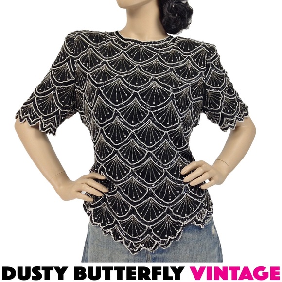 [SOLD]VINTAGE 80s BEADED TOP Sharp Shoulders SILK - Picture 1 of 4