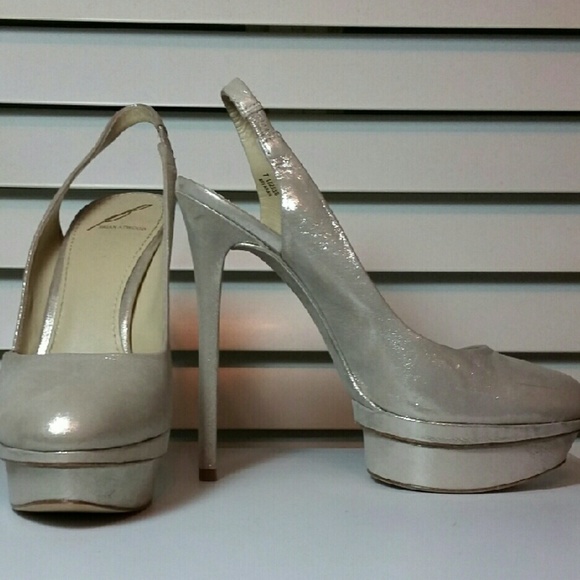 B Brian Atwood "Faran" silver slingback heels