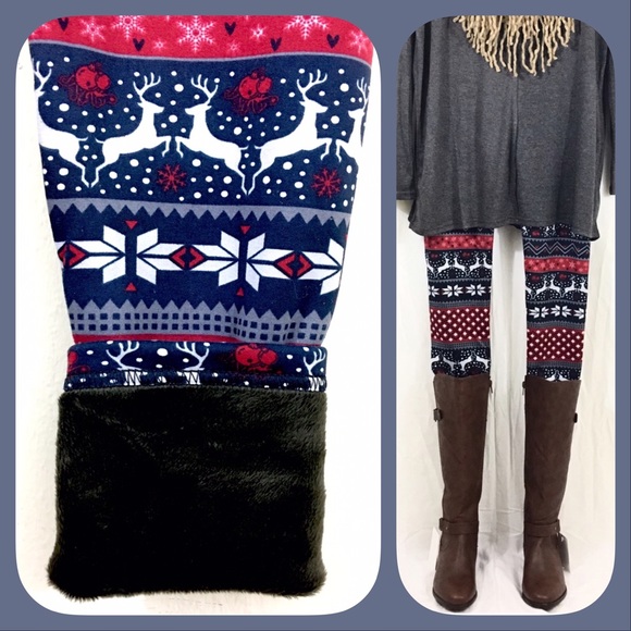 Thick Navy Red Reindeer Fur Lined Leggings - Picture 2 of 3