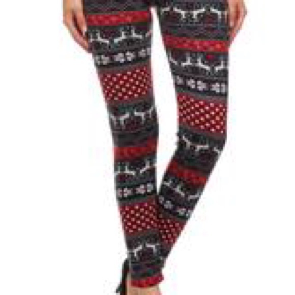 Thick Navy Red Reindeer Fur Lined Leggings - Picture 3 of 3