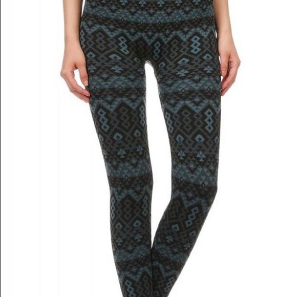 Thick Teal Tribal Fleece Lined Leggings - Picture 2 of 3