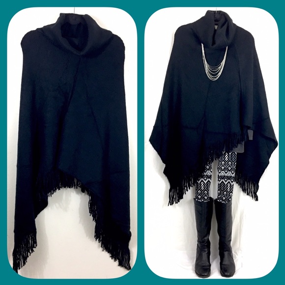 Sale! Thick Black Turtleneck Fringe Poncho - Picture 2 of 2