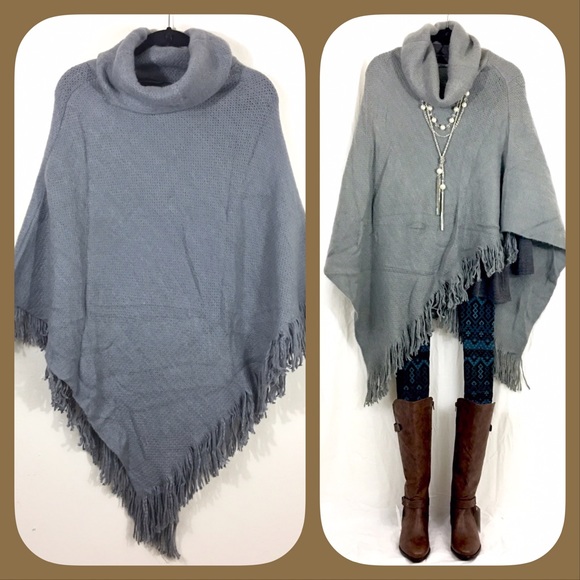 Sweaters - Sale! Thick Grey Turtleneck Fringe Poncho