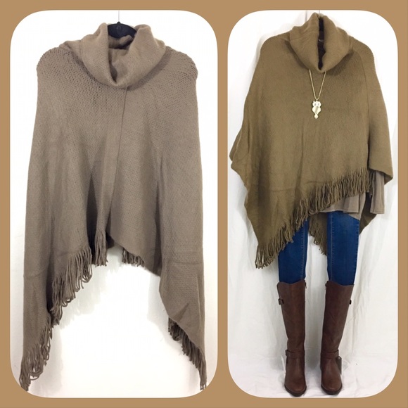 Sale! Thick Taupe Turtleneck Fringe Poncho - Picture 2 of 2