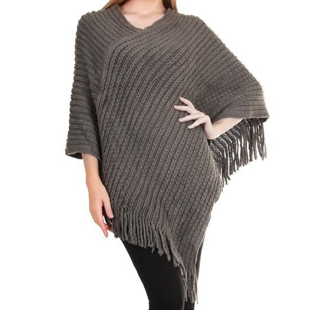 Sale! Grey Solid Knit Fringe Poncho - Picture 1 of 3