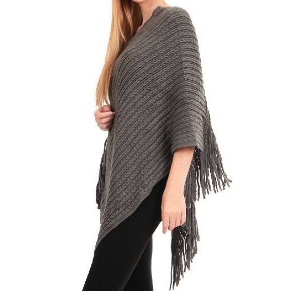 Sale! Grey Solid Knit Fringe Poncho - Picture 2 of 3